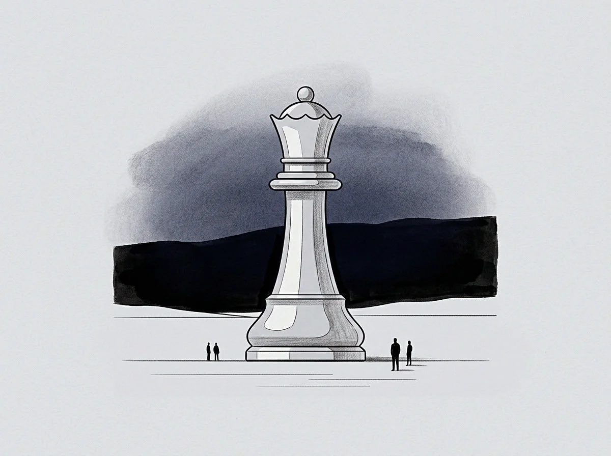 Four small human figures flank a towering polished queen chess piece drawing positioned centrally within a flat institutional landscape.