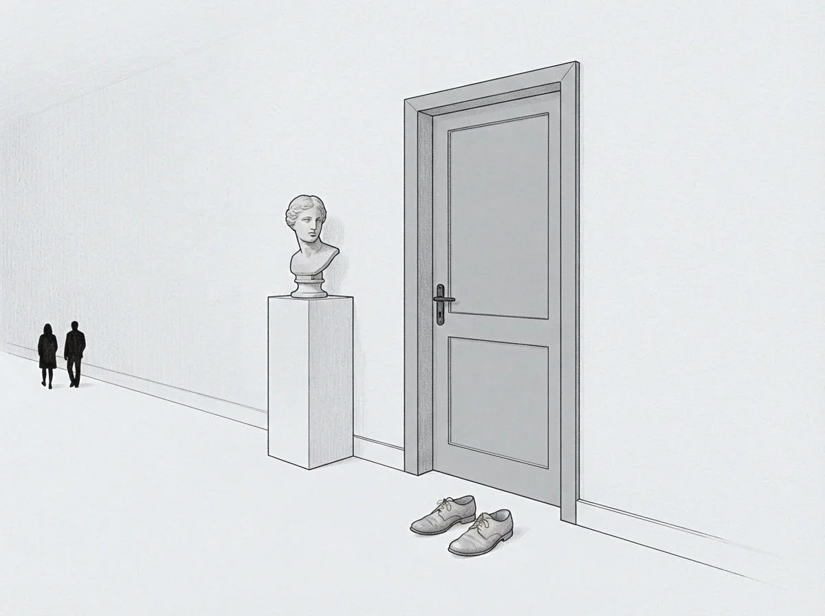 Graphite drawing strokes trace two figures walking down a hallway past a stone bust toward a closed door with abandoned leather shoes on the floor.