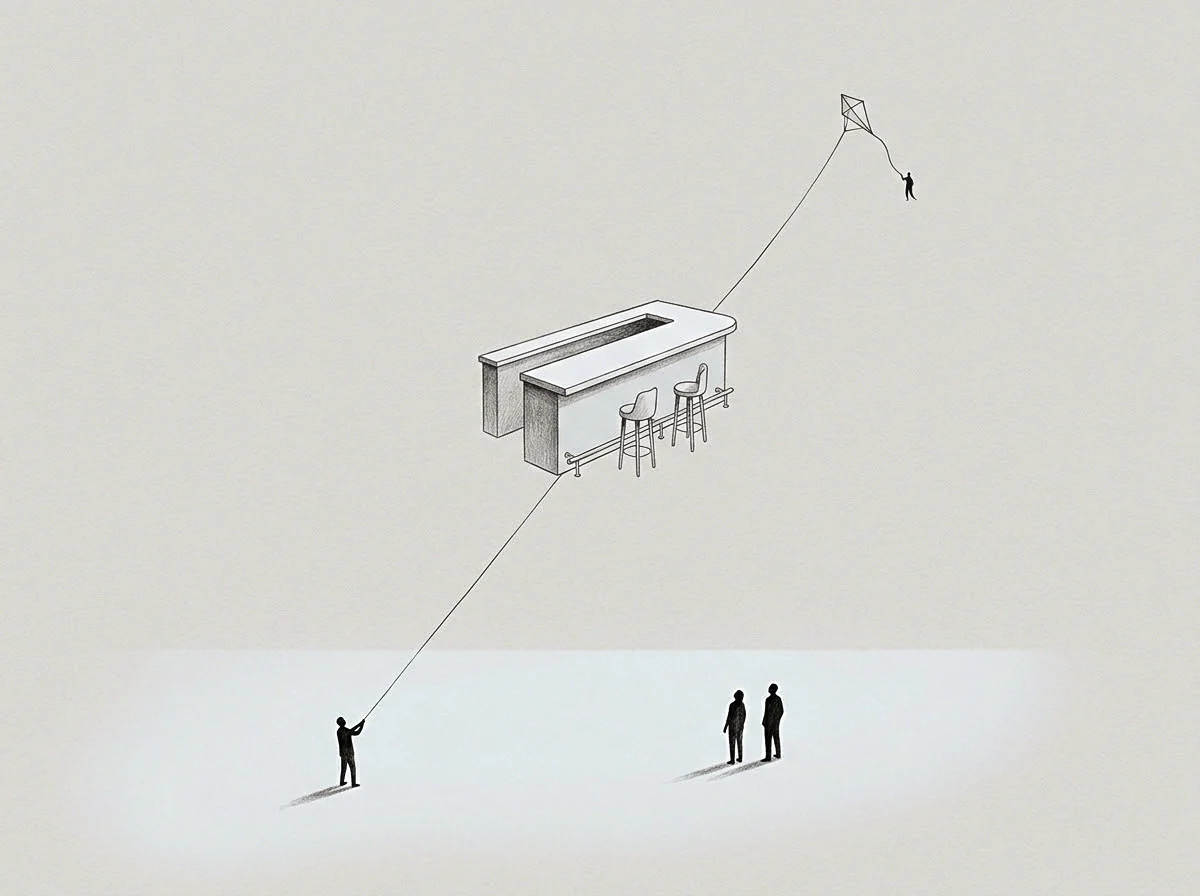 A graphite drawing places a floating counter structure between small figures below and a tethered silhouette above holding a flying frame.