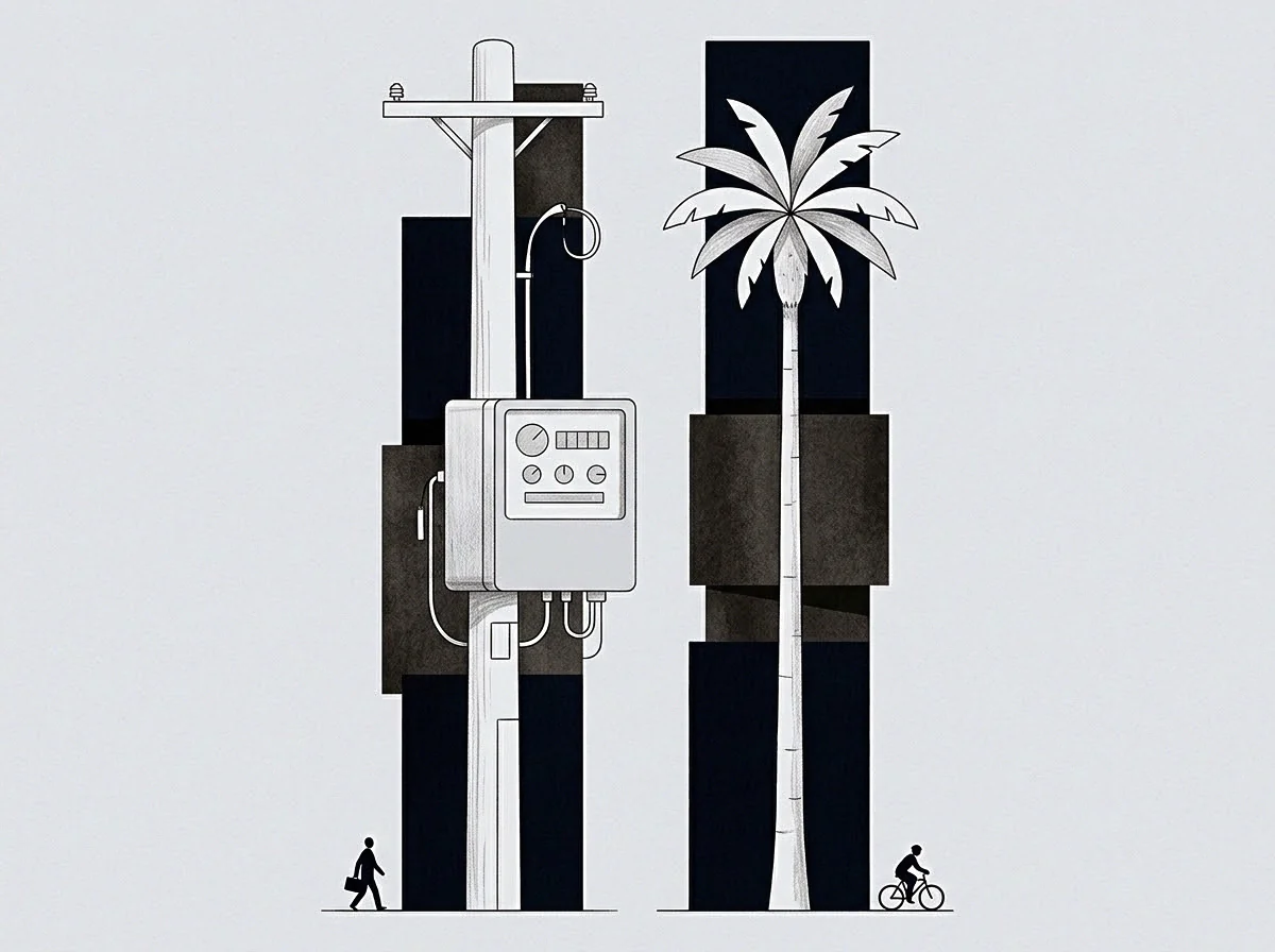 An exterior meter housing mounts a utility pole beside a palm tree while two small figures move past.