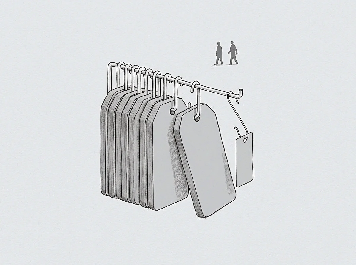 A sequence of vertical cards on a horizontal rail aligns near distant figures within a stark architectural space.