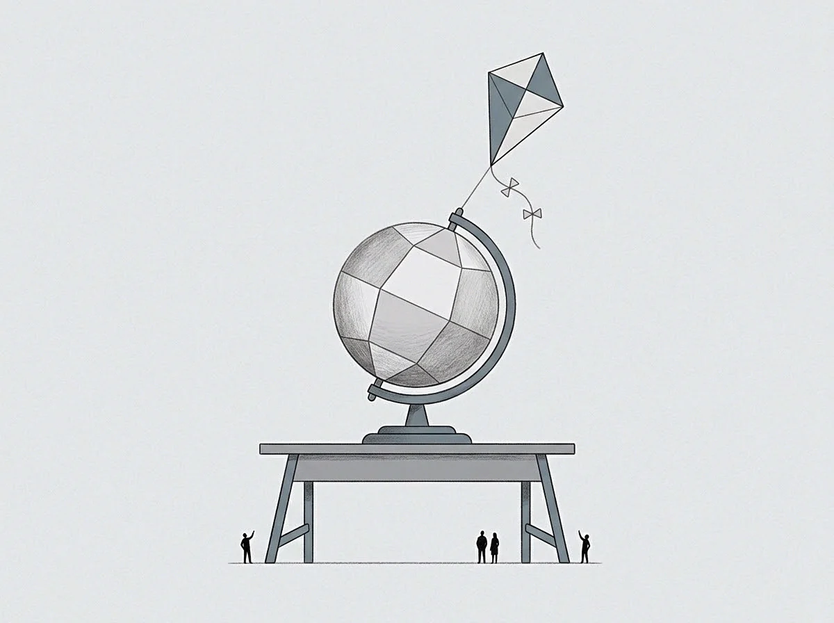 Faceted geometric spheres rest in tilted meridian rings upon long tables while tiny figures stand beneath heavy legs.
