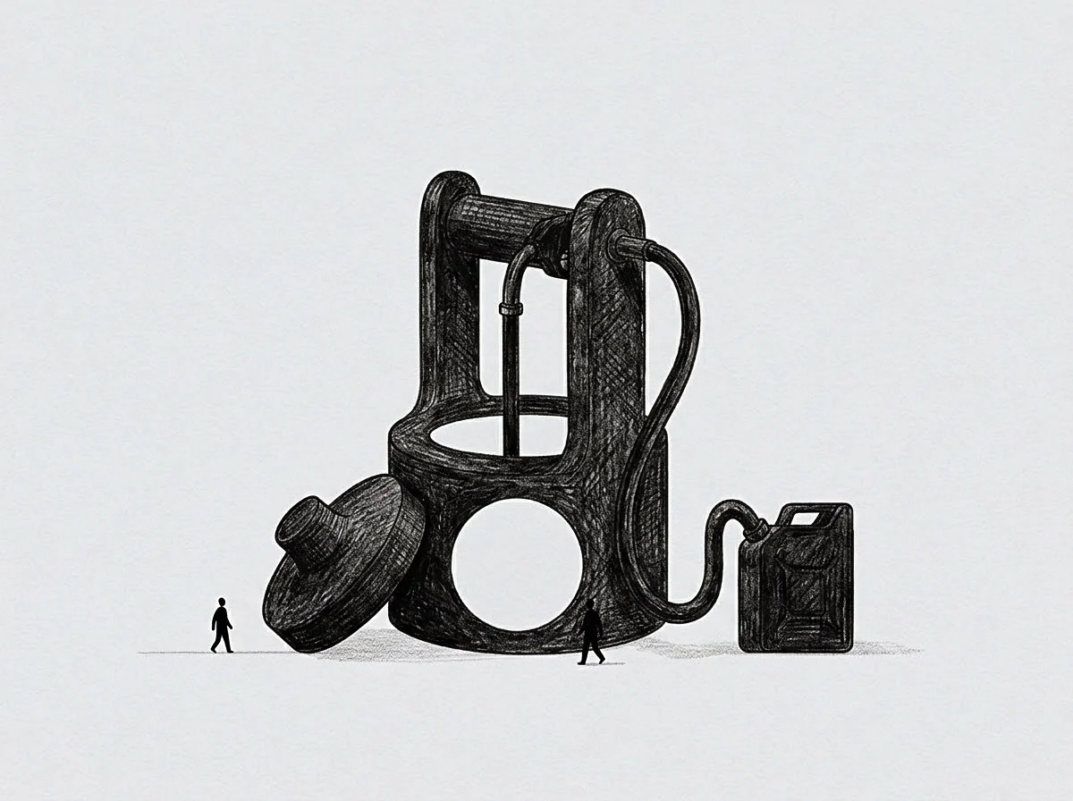 Two figures stand beside a large hollow vessel which connects via a flexible hose to a fuel canister.
