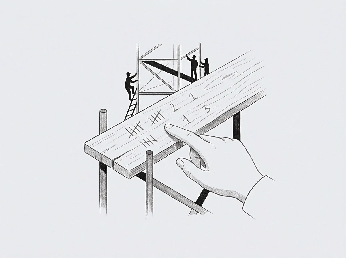 Graphite lines compose a drawing of workers near scaffolding beside a timber plank marked with tallies and numbers beside a pointing hand.