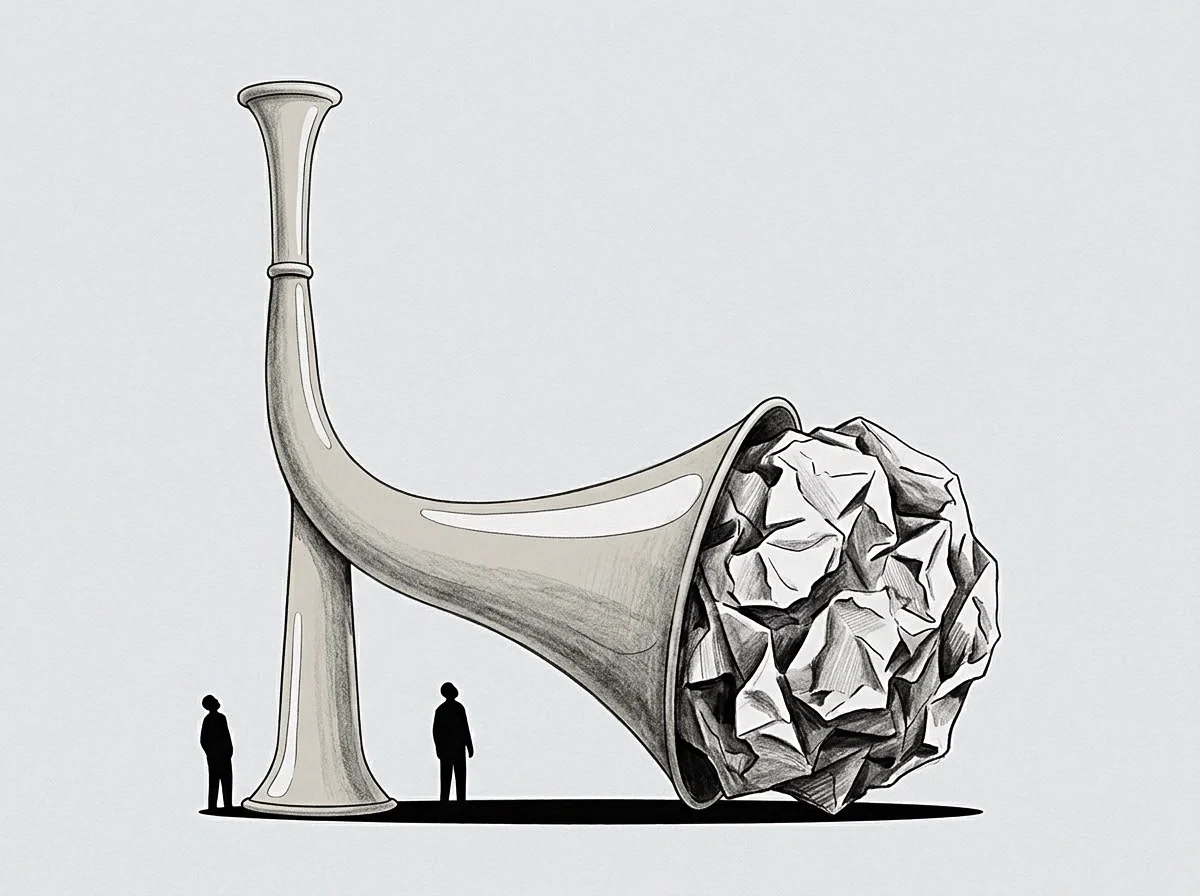 A graphite drawing shows a large metallic structure holding a massive sphere of crushed paper while two small figures stand motionless nearby.