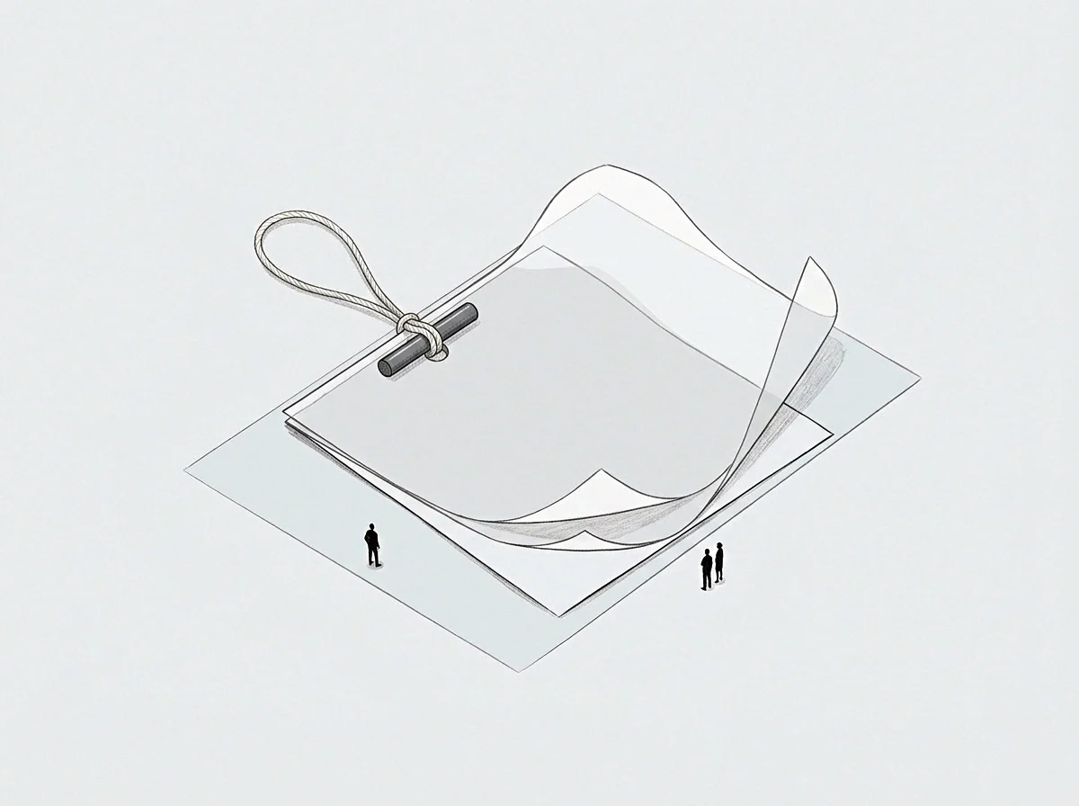 A structural fastener anchors the massive document while figures observe the dimensions of the paper sheet on the surface below.