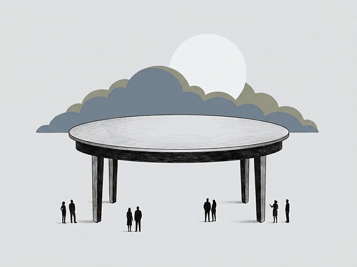 Several small figures stand beneath a large circular surface in this graphite drawing that frames their collective exchange while clouds gather above a pale disk.