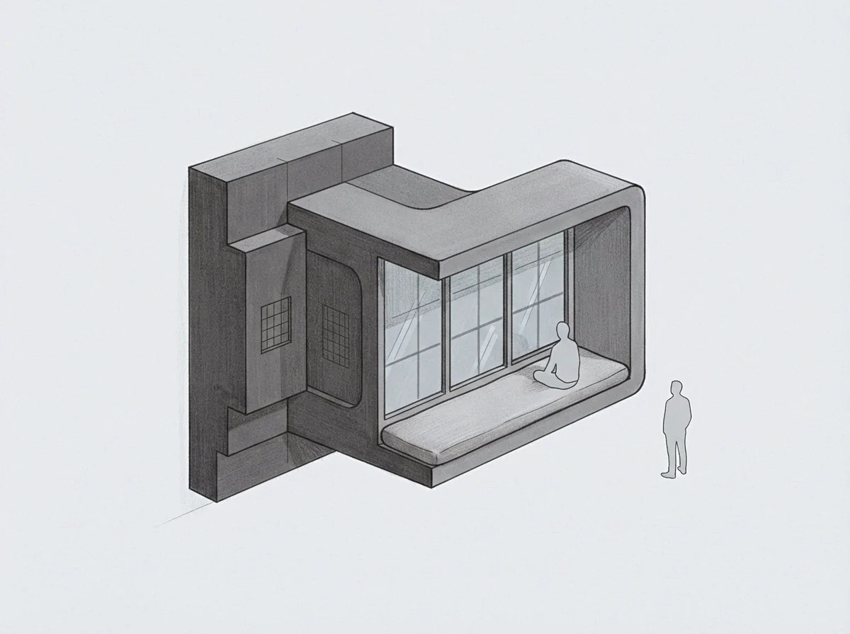 A protruding modular seating unit extends from a vertical wall structure while a single figure sits inside and another stands below on the ground.