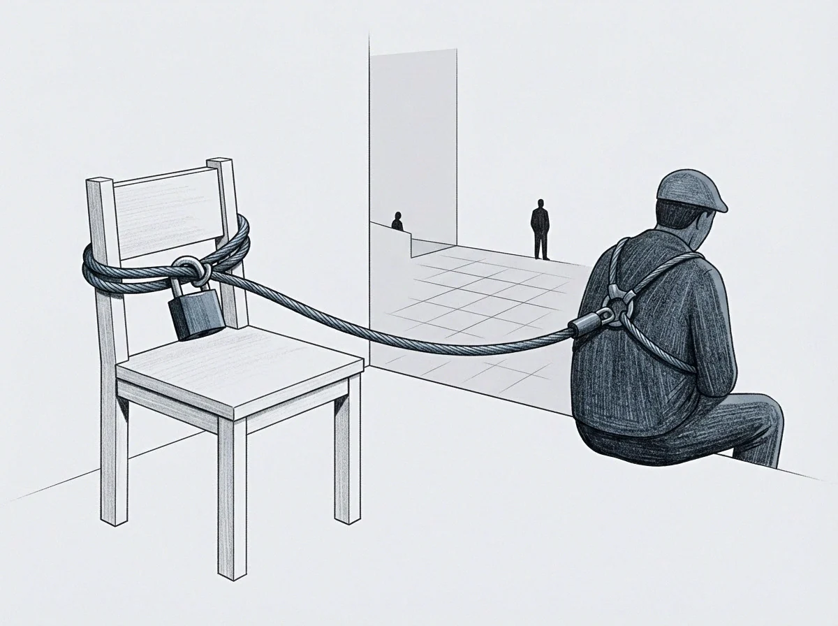 A harnessed worker in this pencil drawing sits on a floor tethered by a heavy chain and padlock to a single wooden chair.