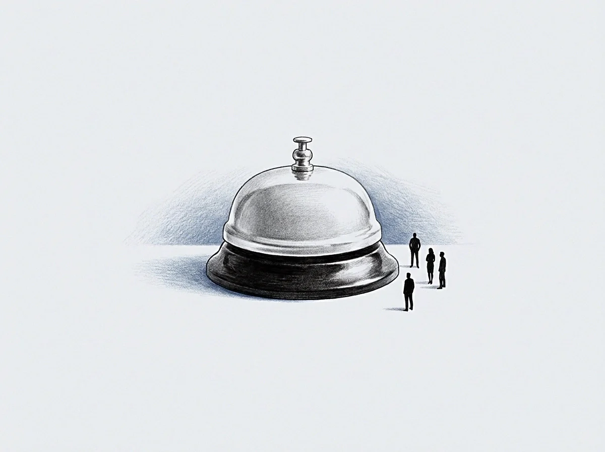 A polished metal bell sits centrally on a flat grey plane while small human figures stand in a circular arrangement around its base.