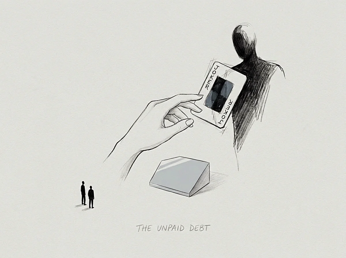 A giant hand reaches toward a shadowed figure to receive a playing card while two small figures observe the exchange from below.