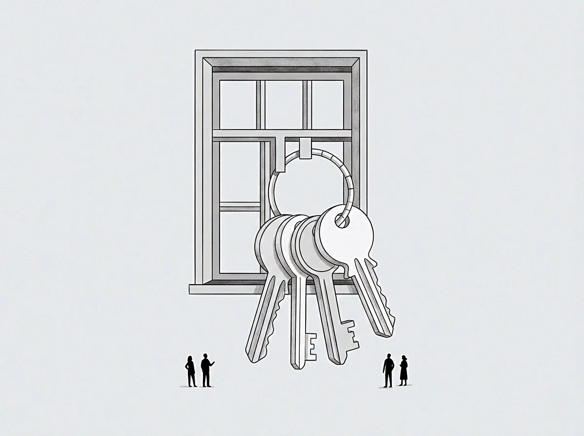 A drawing presents a window offering a ring of keys symbolizing the exchange for a seat of venture control observed by founders.