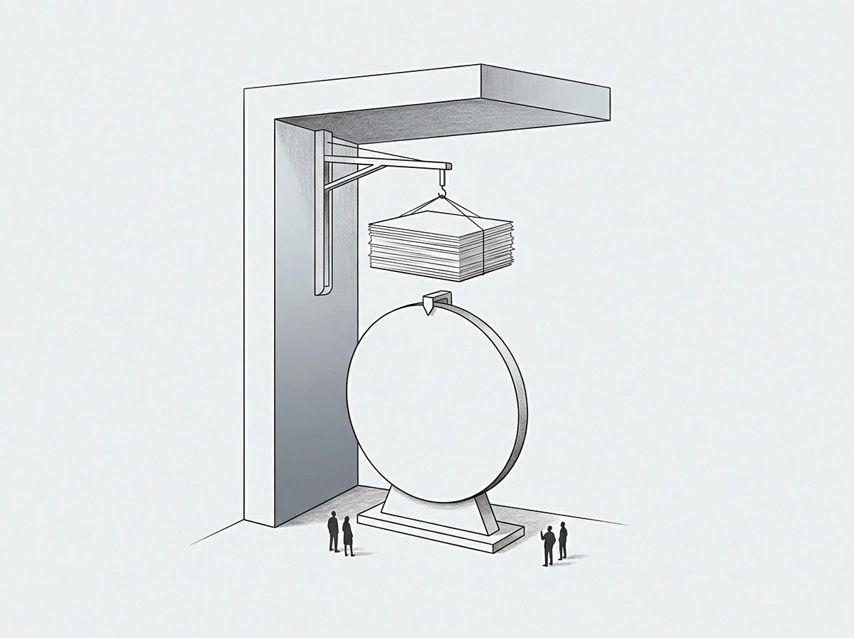 Four figures stand near a mechanical hoist in this graphite drawing lifting a heavy stack of documents above a circular pedestal for formal measurement.