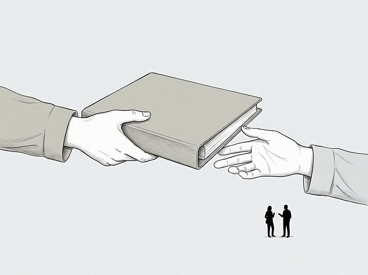 Graphite lines render a hand passing a bound document toward a reaching hand above two minute figures observing the transaction within a sparse drawing.