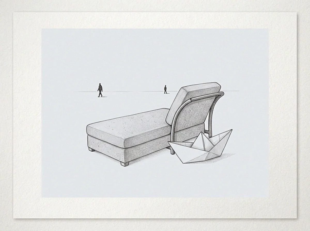 Graphite pencil lines define a lounge chair positioned beside a folded paper boat with two tiny figures walking along a distant horizon line.