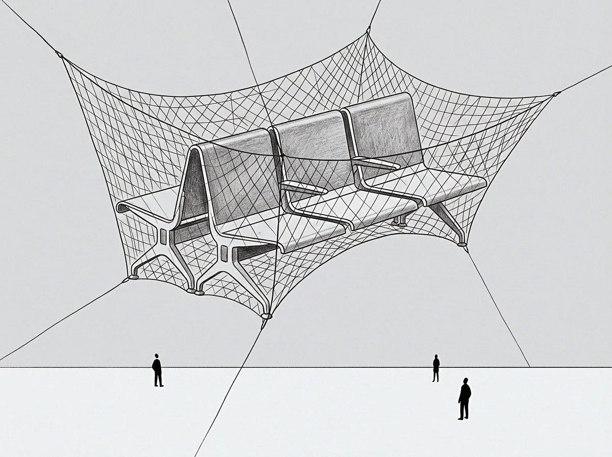A founder's seat is held in precarious suspension within a complex net, as three figures witness its arrangement.