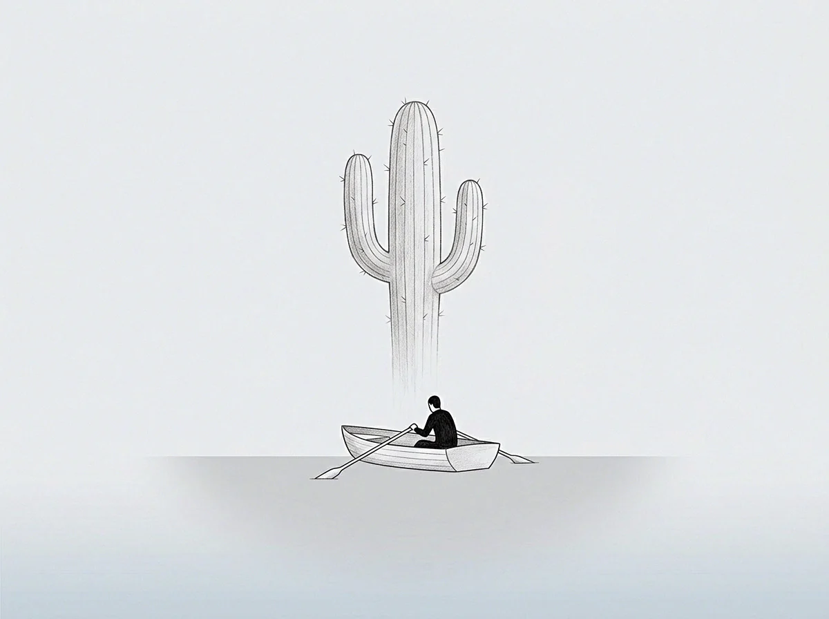 Graphite pencil strokes create a drawing featuring a solitary figure within a rowboat moving toward a colossal cactus placed upon a barren grey plane.