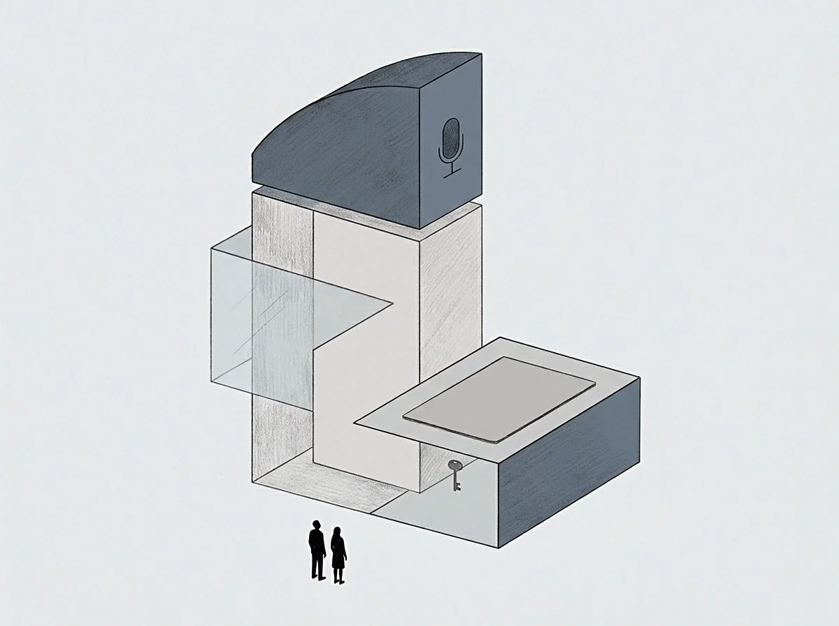 This drawing illustrates a conceptual founder's apparatus comprising layered geometric shapes, figures, a microphone emblem, and a key component.