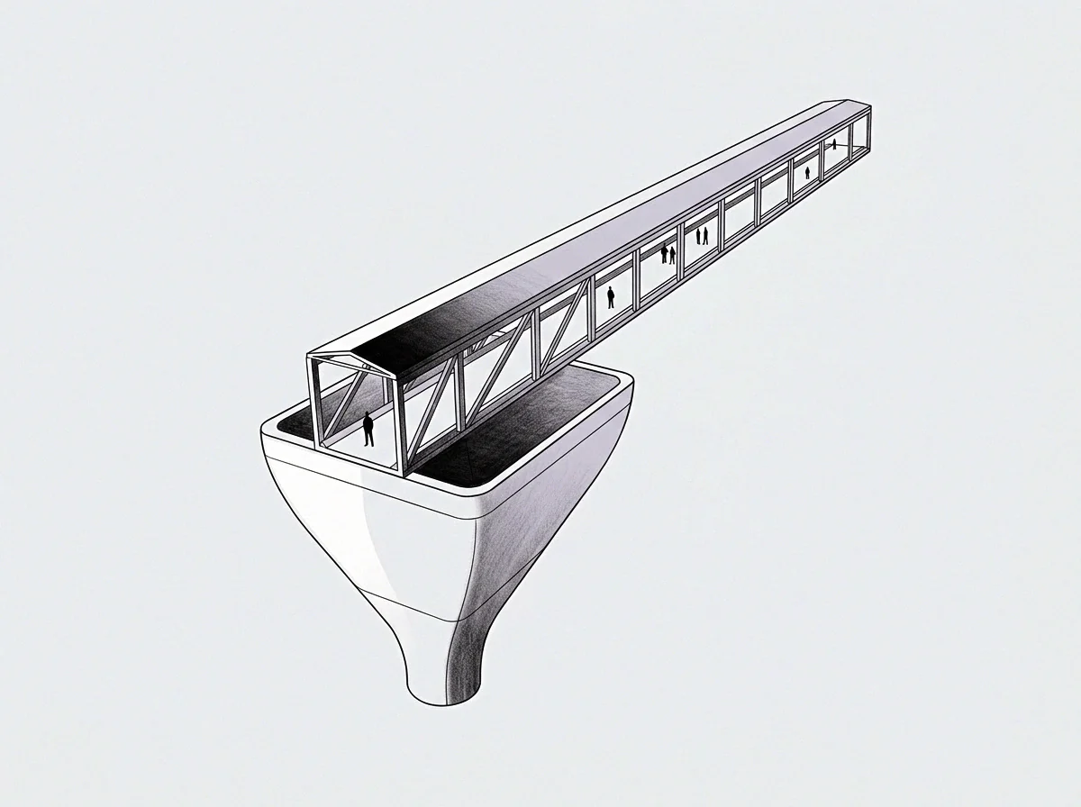 The drawing shows a structured walkway where figures participate, leading into a funnel suggesting concentrated input or outcome.