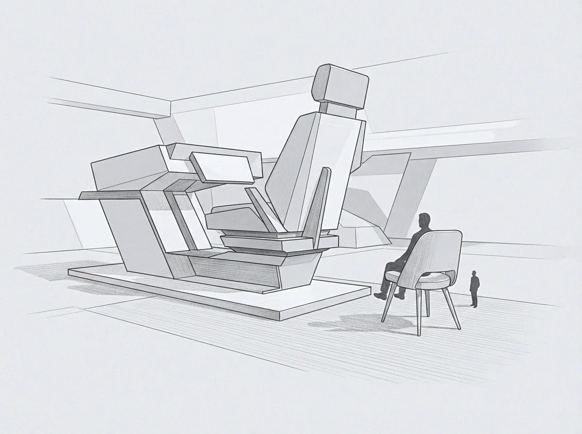 A large angular apparatus and two small figures observing it are shown in this drawing, which signifies the founder's post founding role.