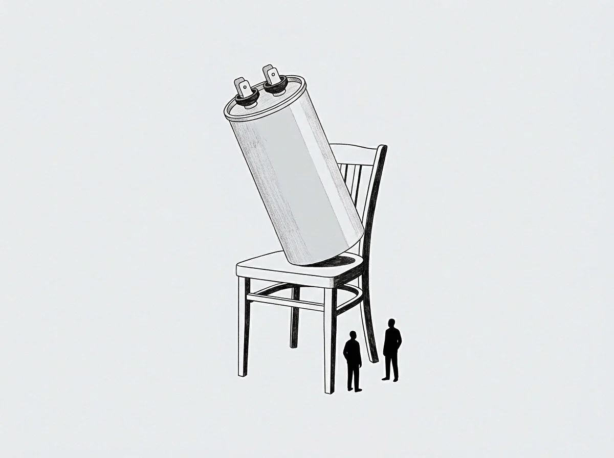 The drawing illustrates a large capacitive component balanced on a chair seat observed by two figures representing the founders viewpoint.
