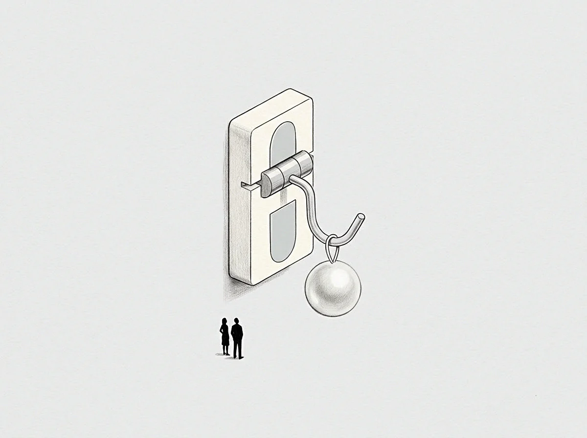 A drawing shows a large abstract lever mechanism with a weighted object suspended by a hook, observed by two small figures, representing the measured significance of founder records.