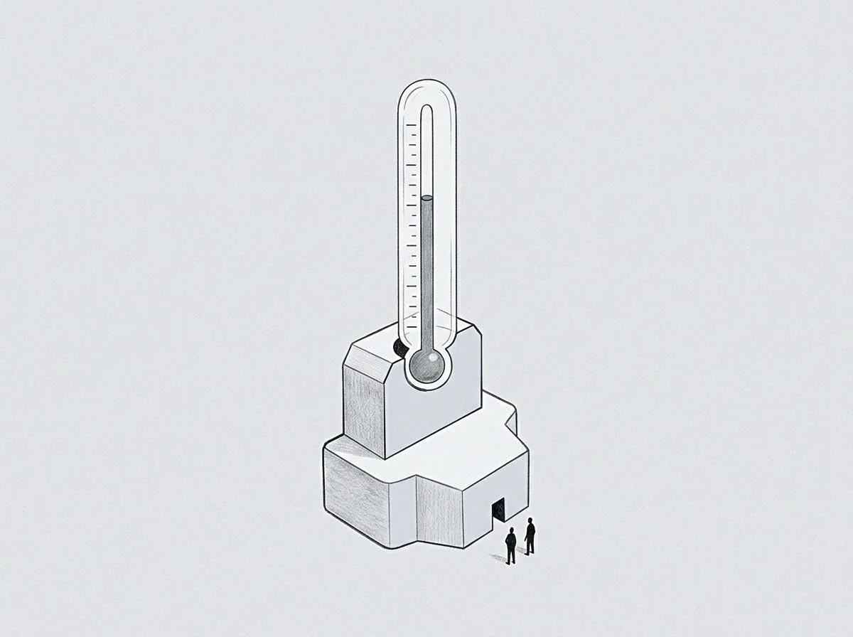Two figures stand before a large thermometer in this drawing installed upon a blocky monolithic base at the institutional seat of a regulatory body.