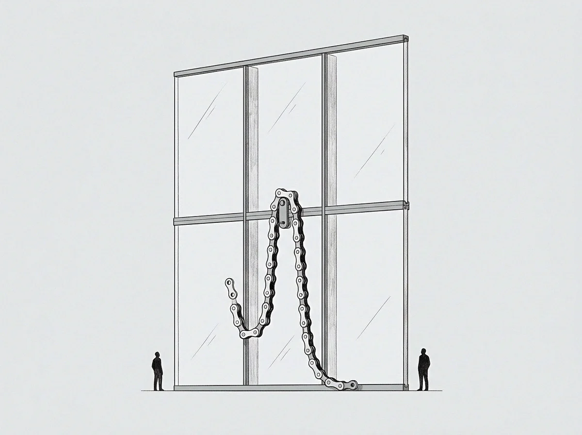 Two figures stand before a tall translucent vertical grid as a metal chain rests upon the central horizontal rail of the panel structure.