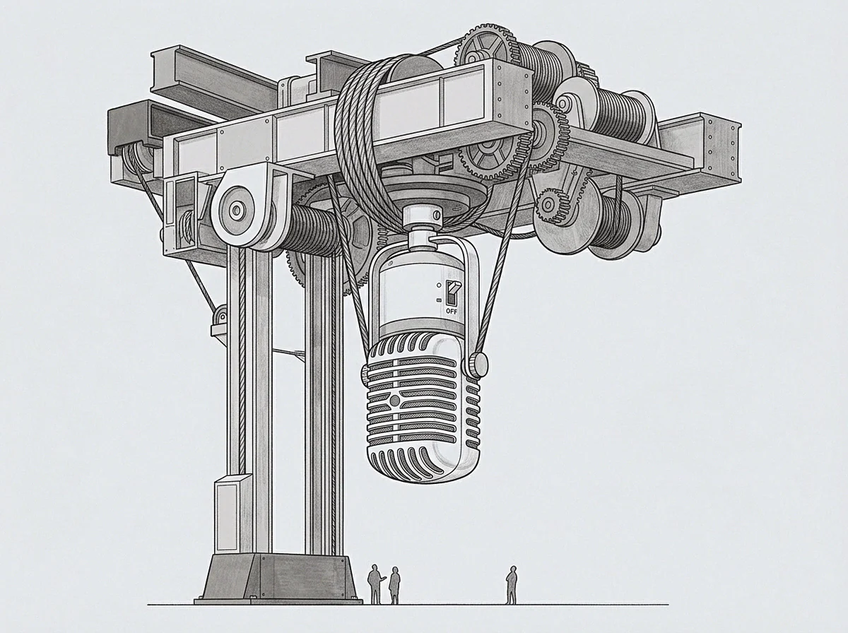 An industrial crane mechanism suspends a vintage microphone above small figures standing on a flat ground level.