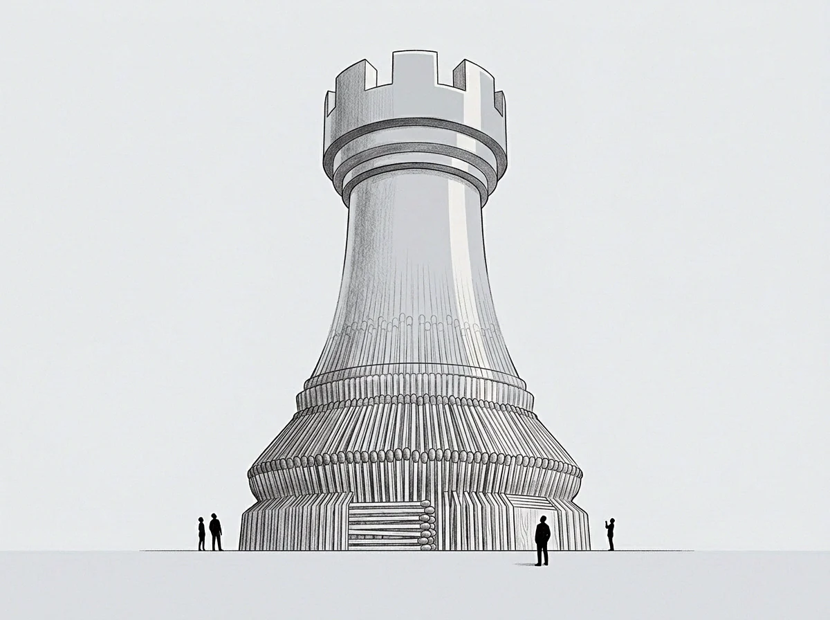 The drawing shows a monumental chess rook meticulously assembled from countless matchsticks, with small human figures standing at its base for scale.