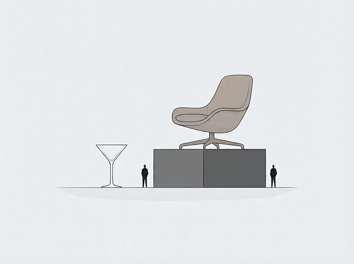 The drawing displays a monumental seat and a martini glass on a platform beside two scale figures, representing achieved status.
