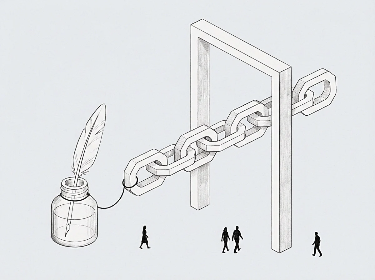 A drawing shows a quill pen connected by a chain to a rectangular frame, with small figures observing.
