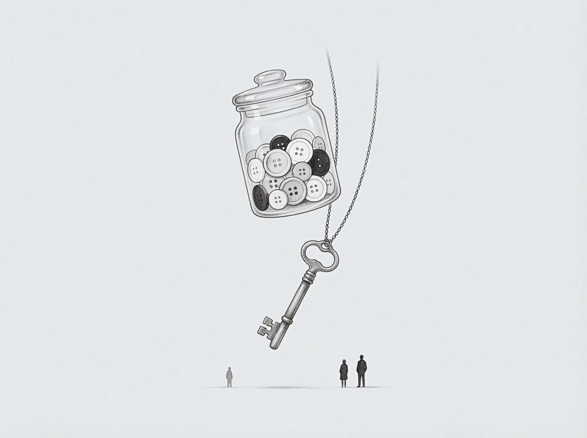 A drawing shows a jar of collected record units suspended by a chain, connected to a key, with small figures observing the arrangement from below.