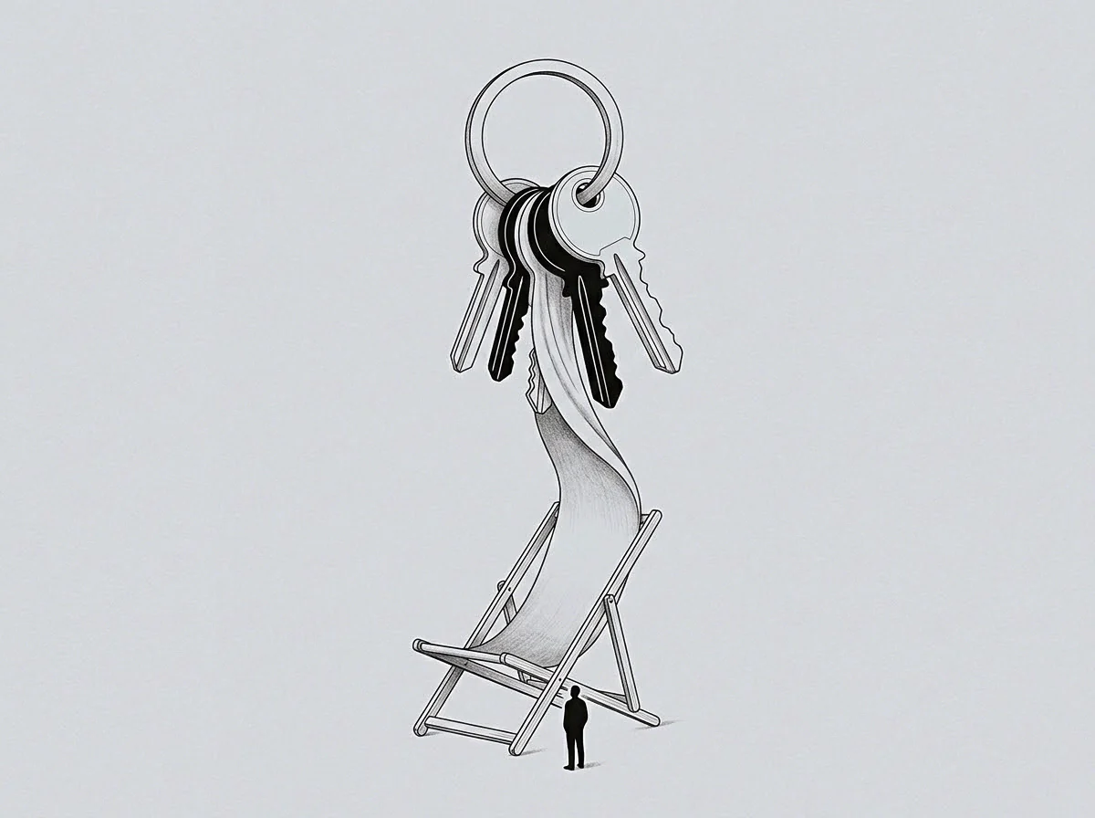 The drawing depicts a solitary figure beneath a wavy paper structure resembling a seat that descends from keys signifying the record.