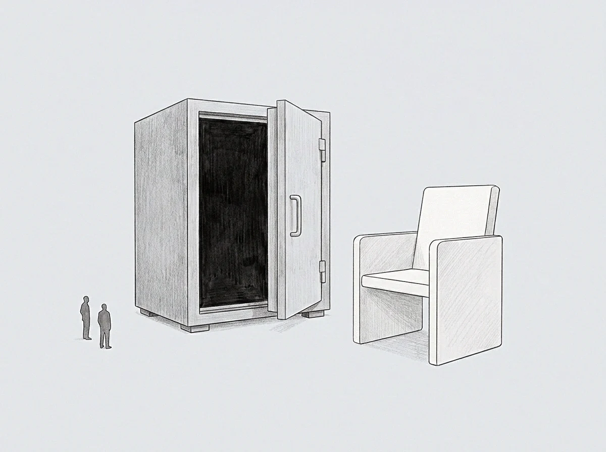 The drawing displays an open record vault with a seat and two observers suggesting a space for exchange.