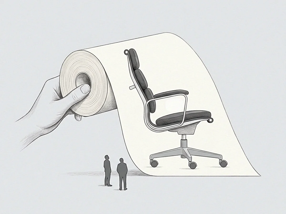 A hand unrolls a scroll showing an office chair design to two small silhouetted observers, illustrating the unfolding of organizational seats.