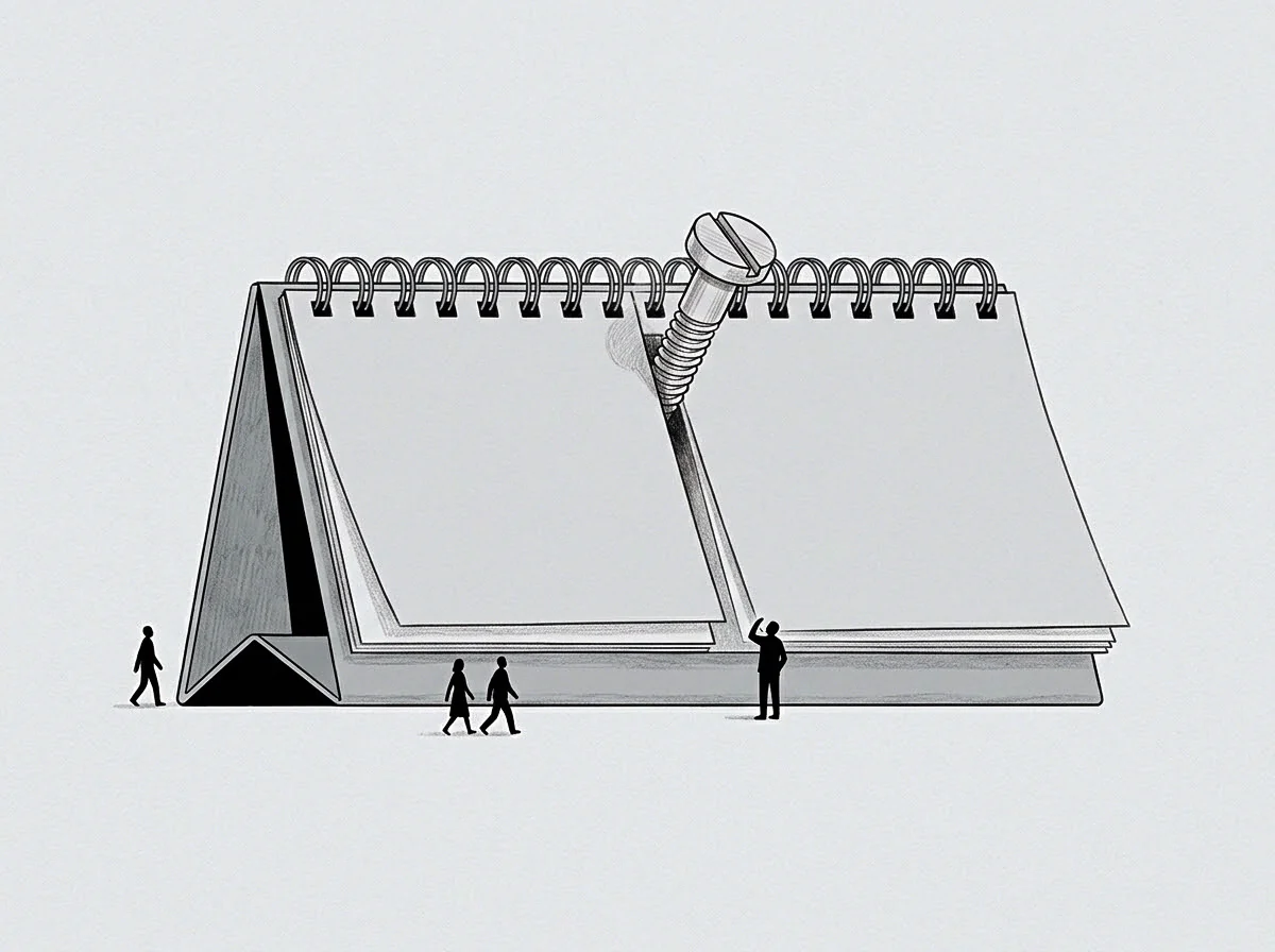 A metal screw pierces the center of an open desk calendar in the drawing while small figures stand below the rigid binding and blank pages.