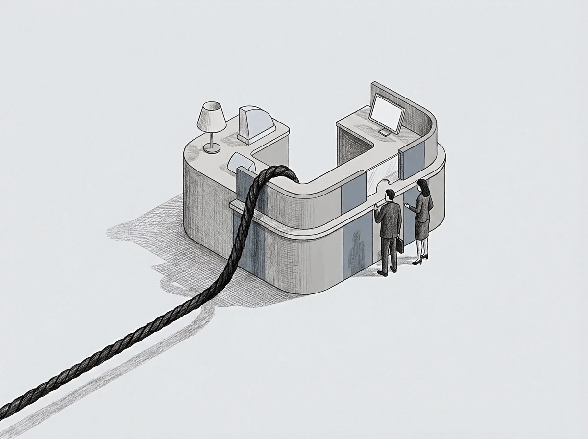 A rope extends from an exchange counter where two professional figures stand waiting for formal business processing under strict oversight.
