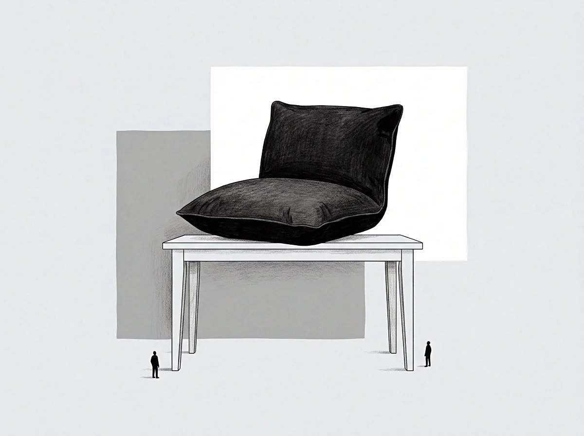 A seat of authority occupies the table in this drawing while two minute figures stand below to establish a contrast in scale and presence.