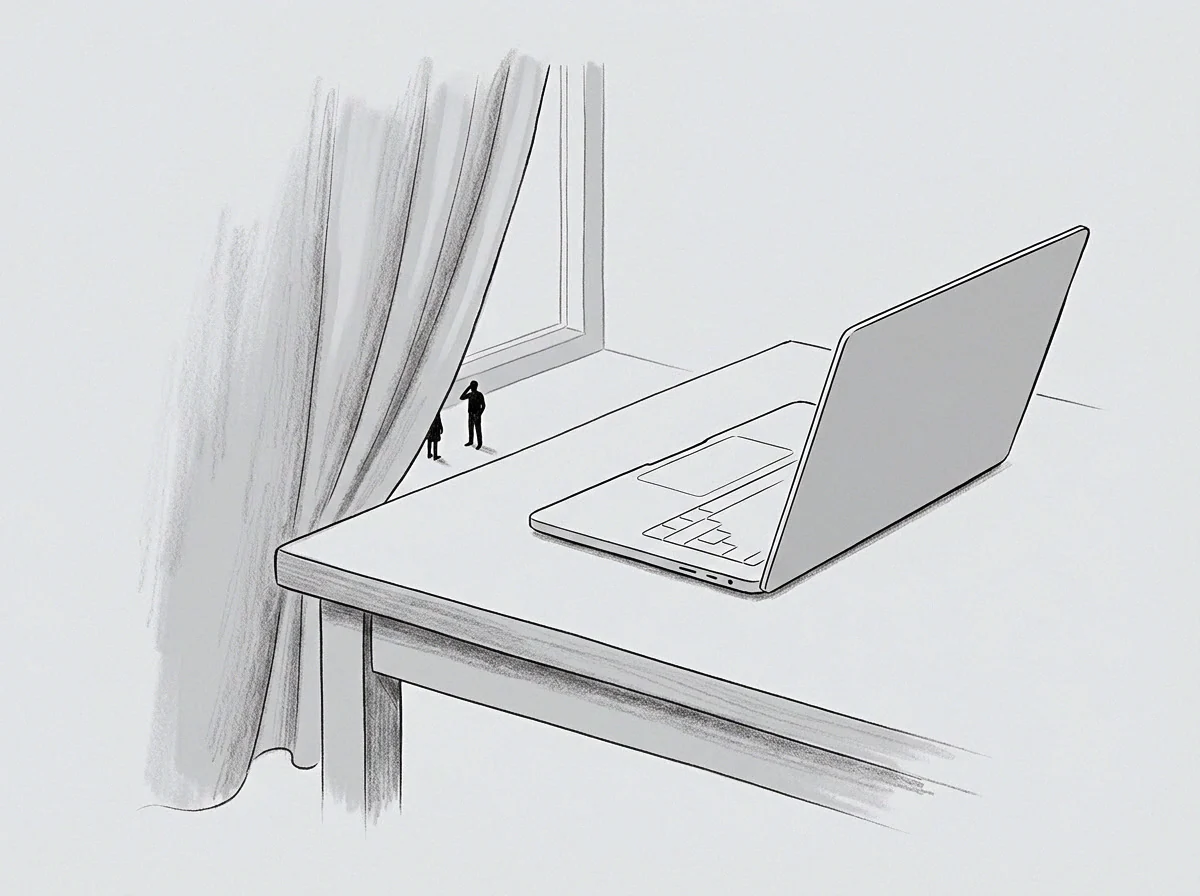 A laptop rests on a table surface inside this drawing facing a window where two tiny figures stand as passive external observers.