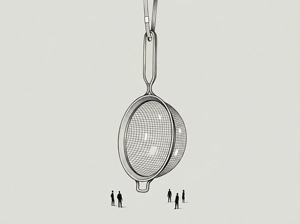 The drawing shows a large suspended sieve with a grid structure, where small figures stand as witnesses to the regulation defining the record.