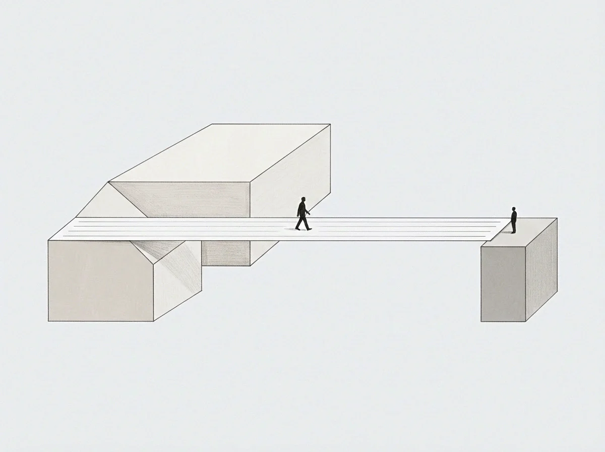 The drawing shows a conceptual bridge linking two abstract platforms traversed by two figures, embodying founder passage.