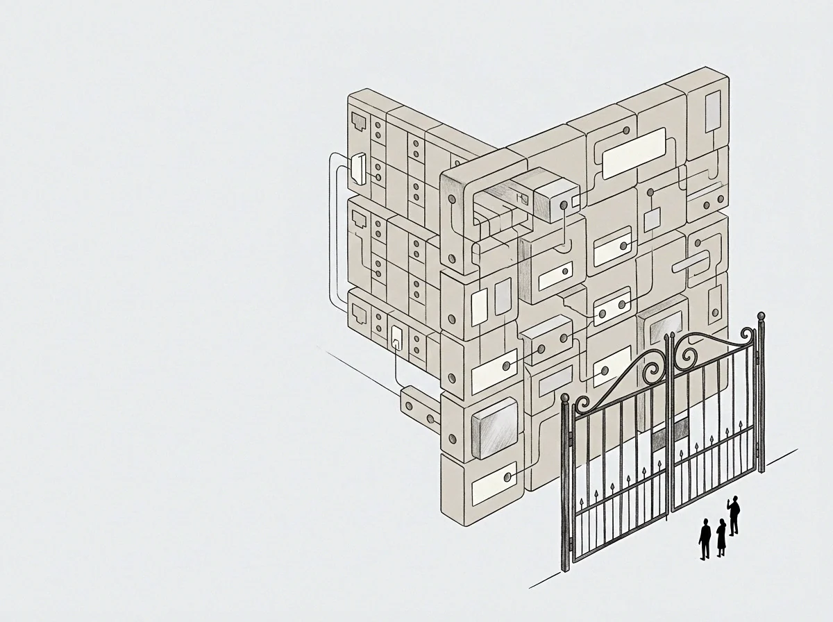 Three figures stand before a locked gate observing a complex wall of connected block components that define an internal system of record.