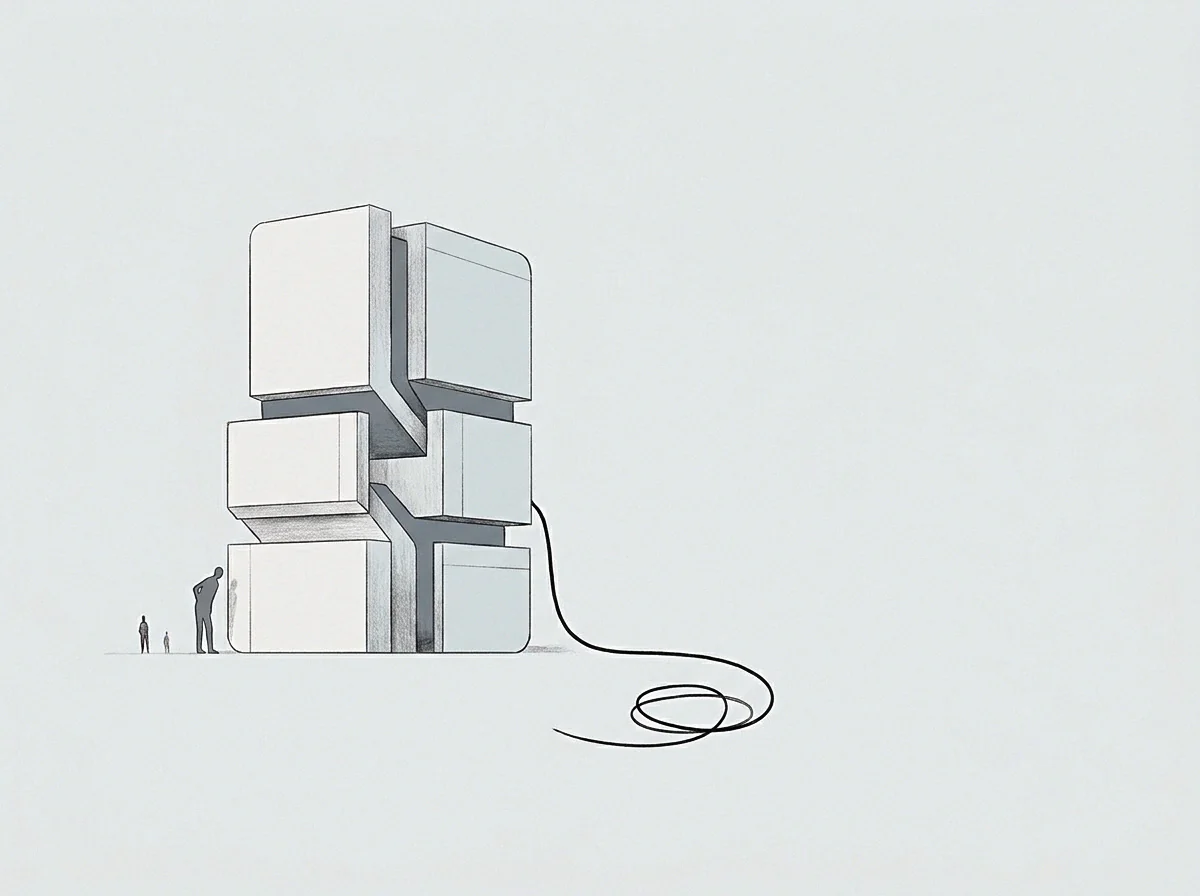 The drawing shows a layered structure symbolizing a sustained venture record connected by a vital operational cable to observers.