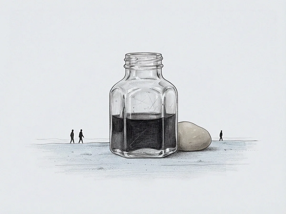 The archival vessel resides within this drawing beside a simple stone near three distant human figures on a flat plane of measurement.