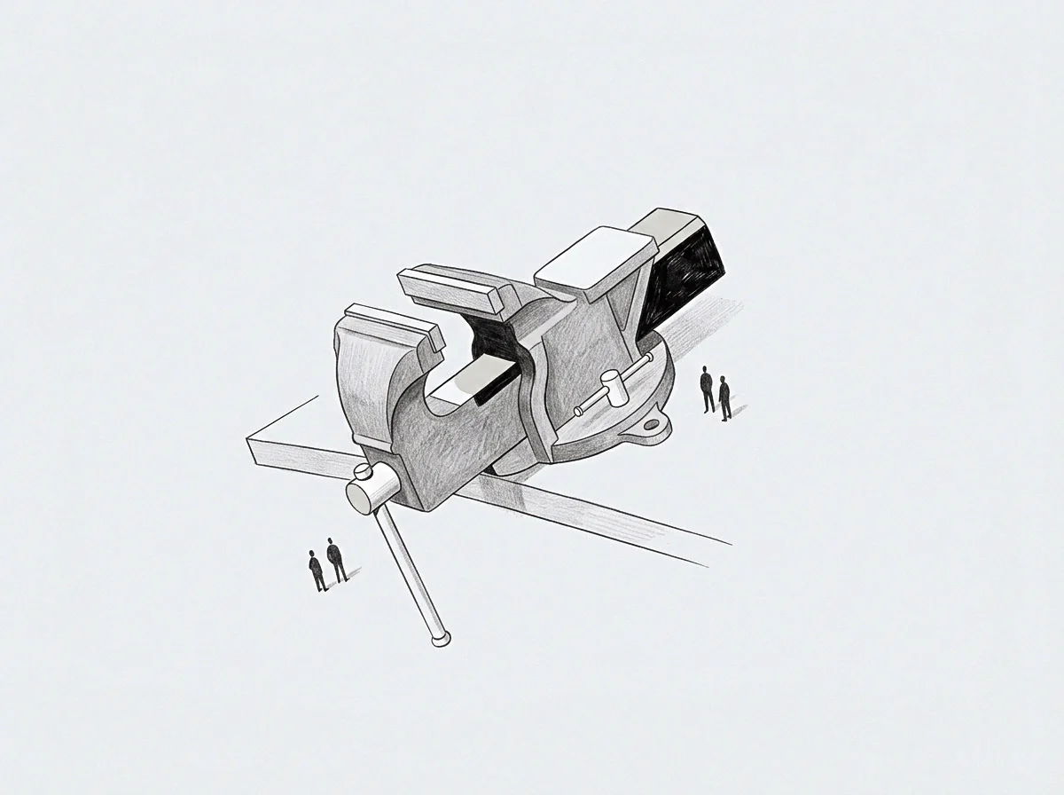 A drawing shows a heavy vise fixed to a surface with small figures witnessing its capacity for measurement and regulation.