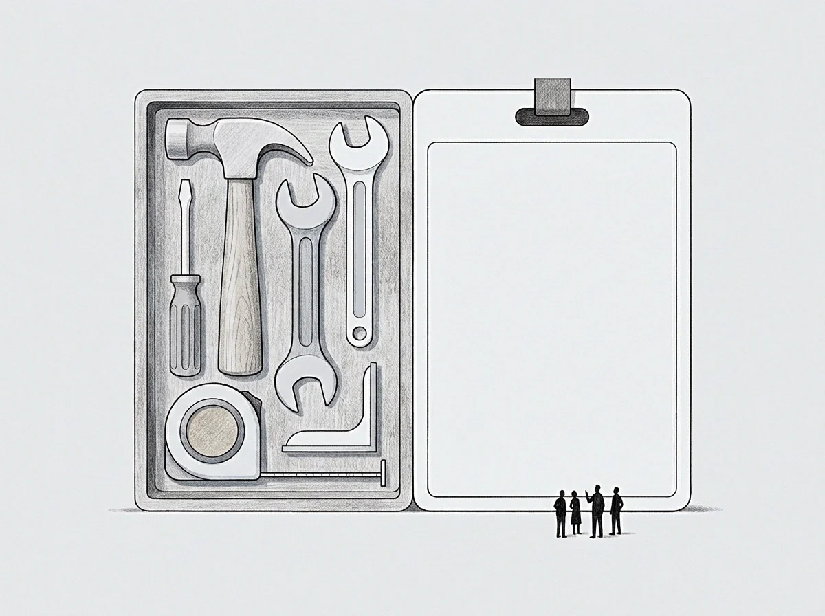 Graphite pencil lines form a toolbox holding measurement tools beside a tall empty clipboard where small figures gather to consider the upcoming record.