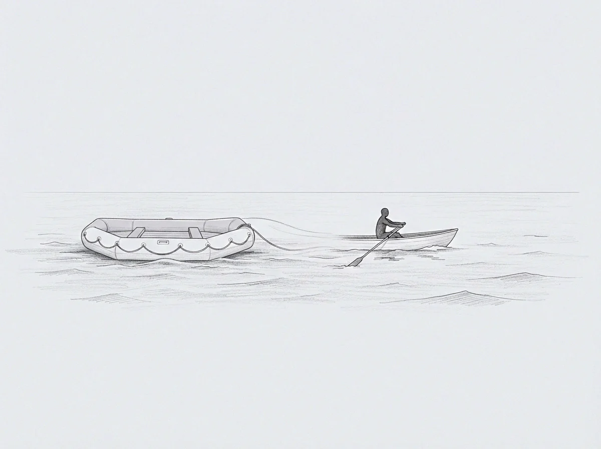 A graphite drawing shows a lone figure in a small craft towing a heavy inflatable raft across an empty expanse.