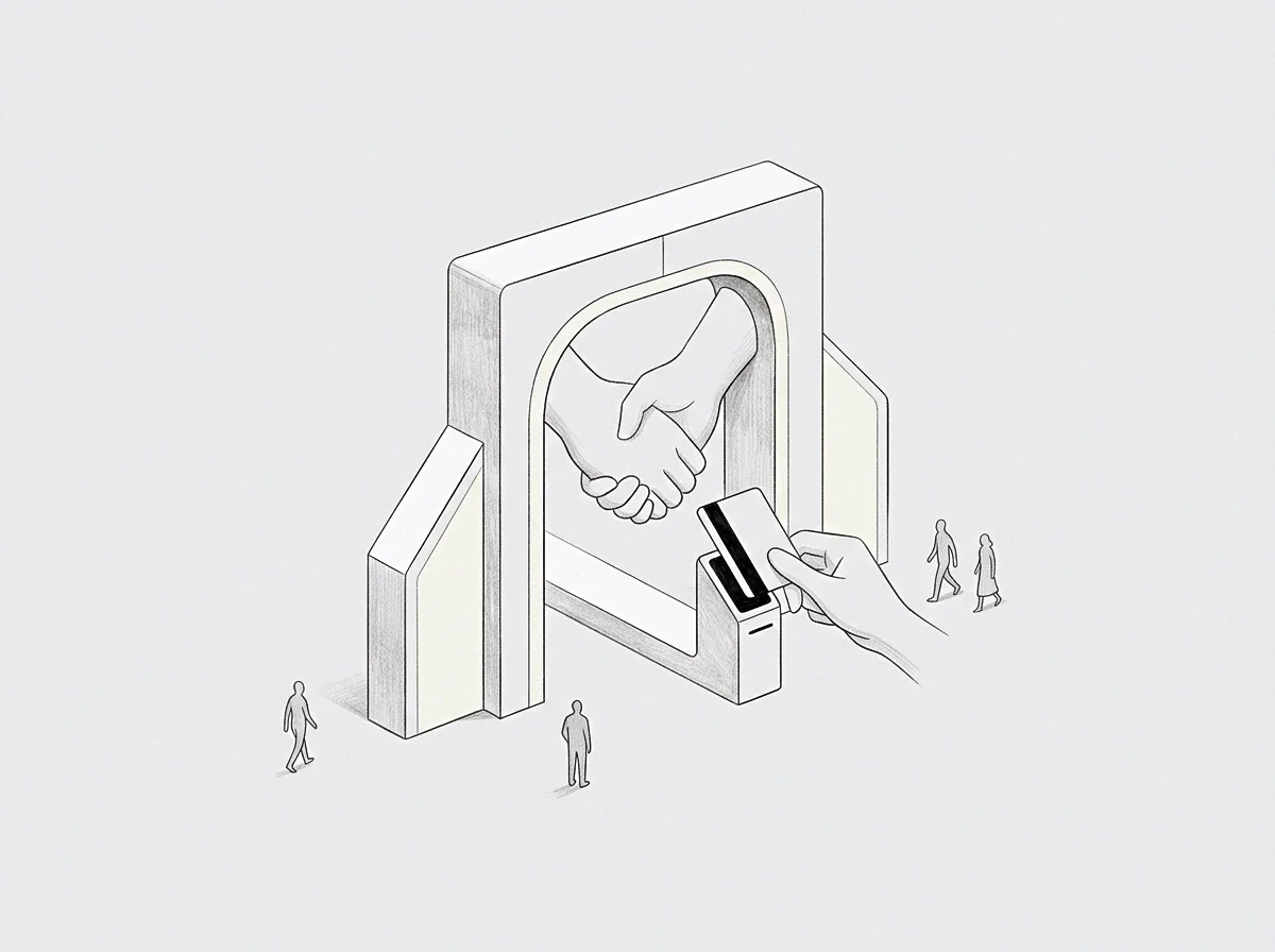 Graphite pencil lines within the drawing delineate a portal structure framing a handshake while an adjacent interface mediates an external exchange for small figures.