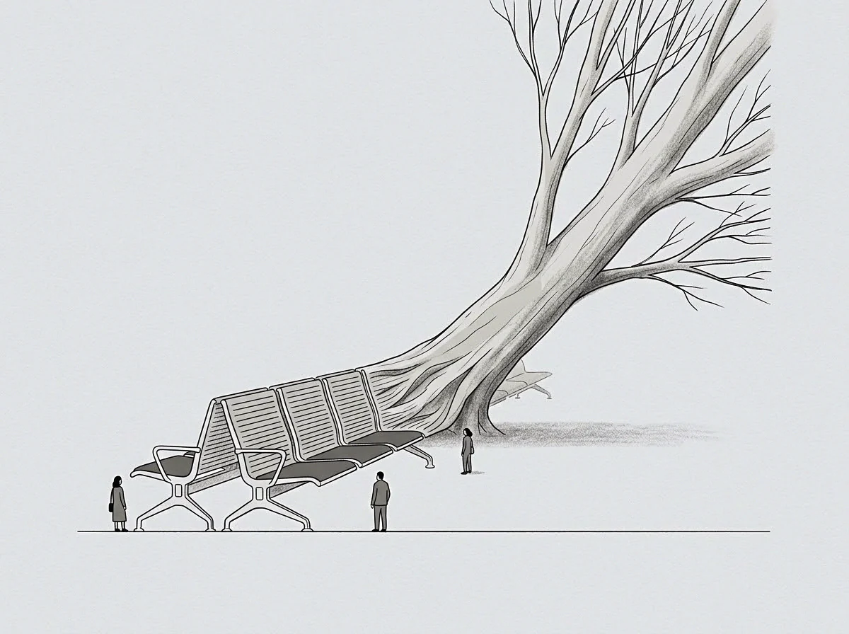A graphite drawing shows a row of waiting seats emerging directly into a large leaning tree trunk with small figures standing nearby.